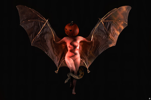 Nude Female Jack-o-lantern with Bat Wings